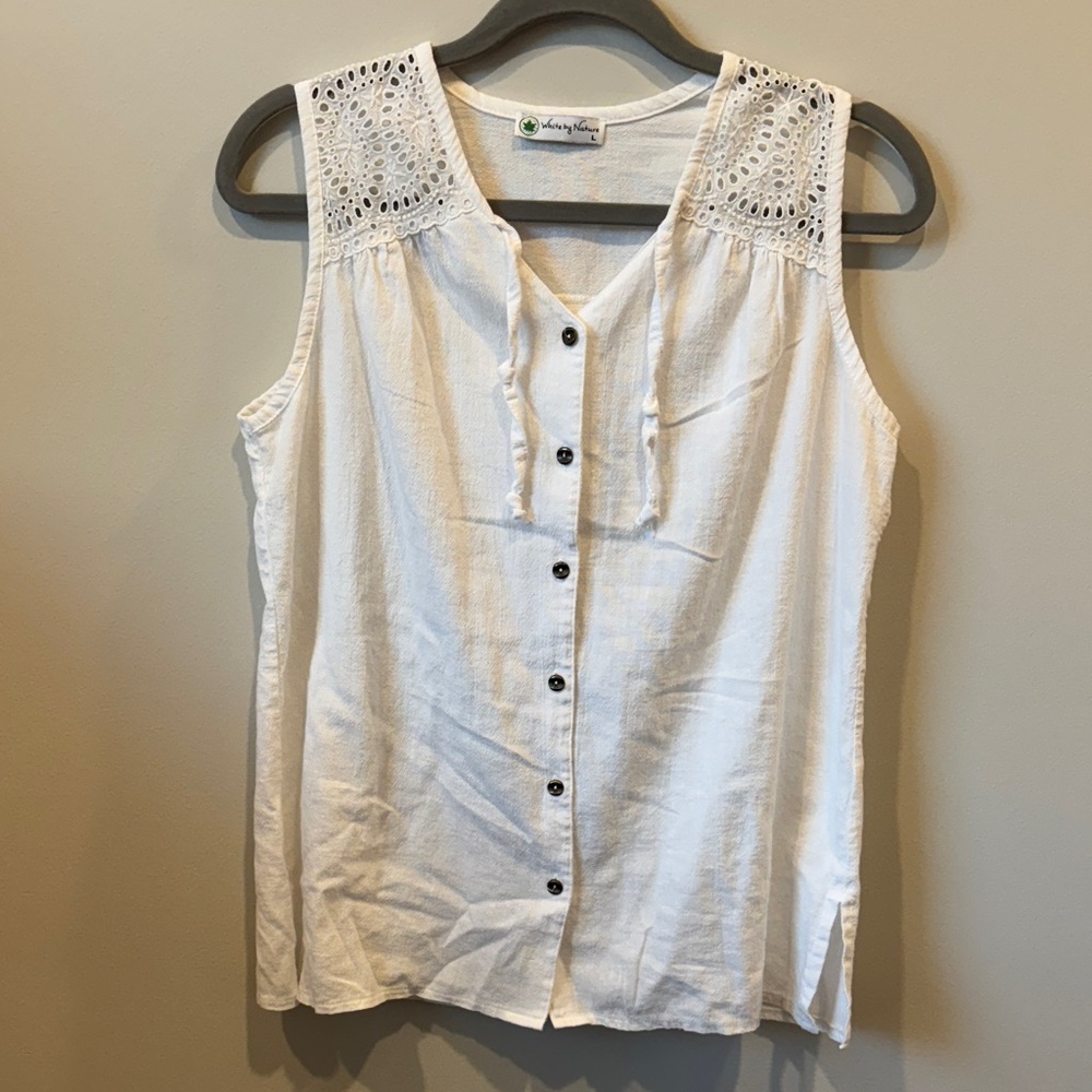 White 100% Cotton Tank Top with Crochet Detail Large EUC